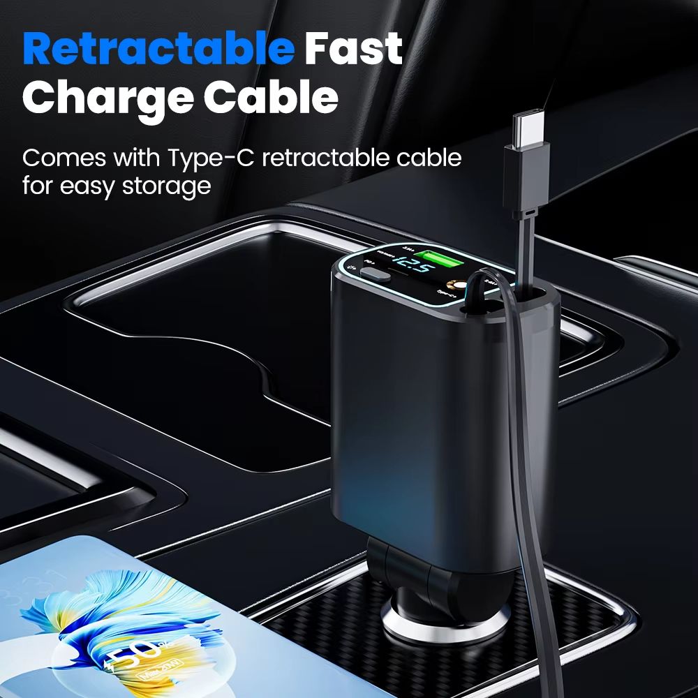 4 in 1 Retractable Car Charger With Dual Built In Cables and Star Light Effect