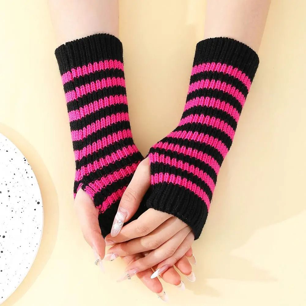 Gothic Striped Fingerless Arm Warmers - Harajuku Y2K Knit Sleeves