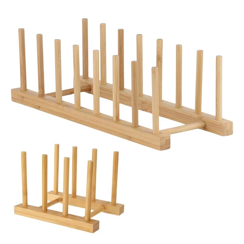 Bamboo Dish Drying Rack Organizer – Plate Drying Rack with Cup & Pan Lid Holder