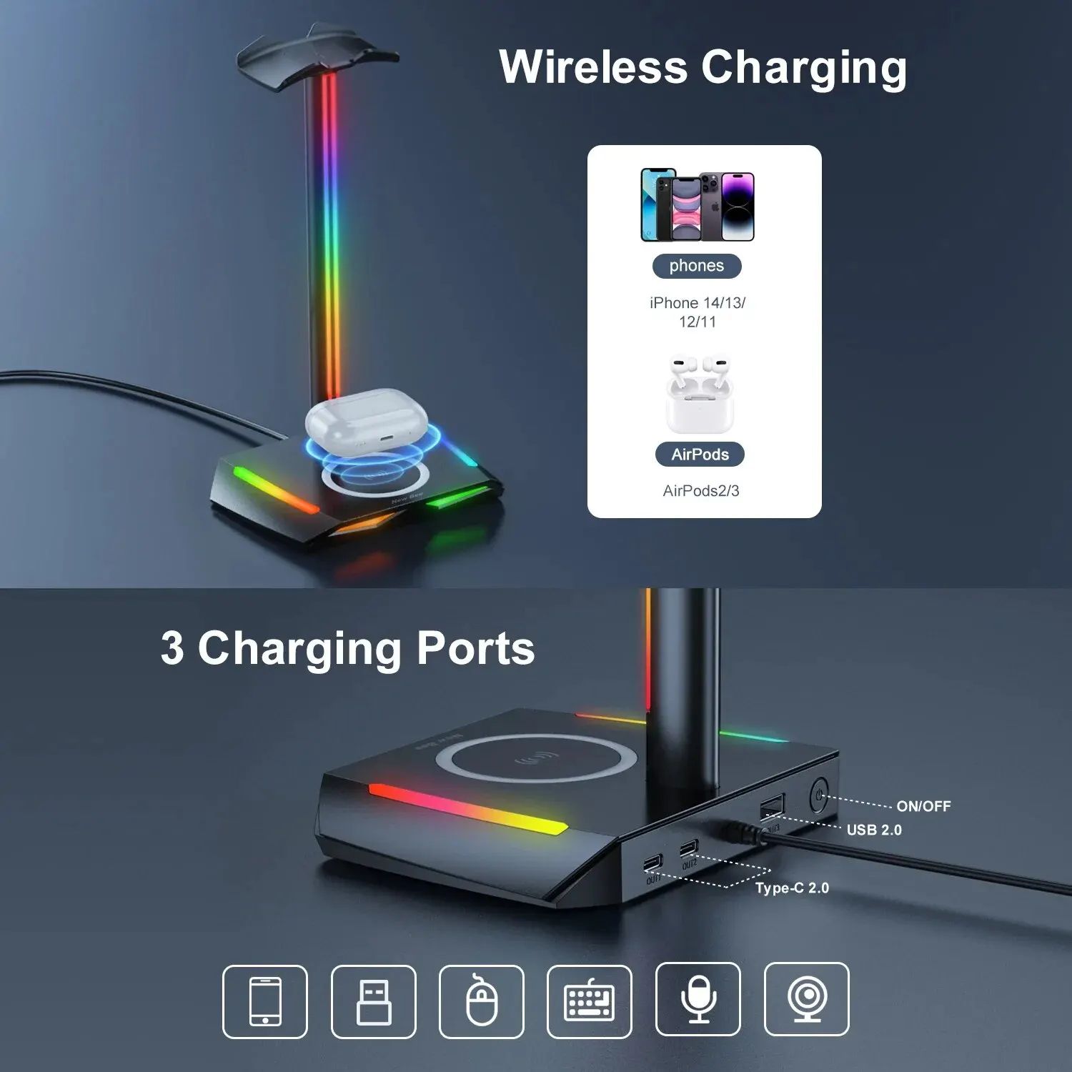 RGB Headset Stand with Wireless Charger, Gaming Headphone Holder Dock with LED Lights & Non-Slip Base