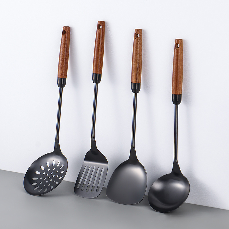 Stainless Steel Kitchen Utensils, Wooden Handle Sabli Spatula, Black Soup Spoon, Golden Kitchen Tools, Leaking Spatula