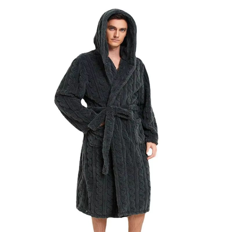 Men's Hooded Thickened Velvet Jacquard Warm Homewear Robe