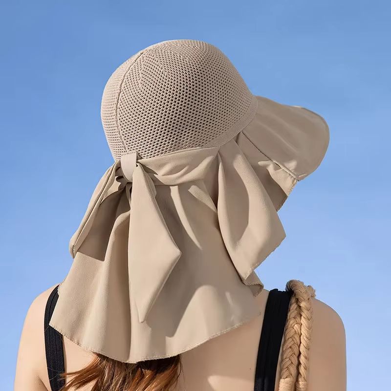 Women's Summer Sun Hat with Face and Neck Protection – Lightweight Mesh Bucket Hat with Shawl and Bow Detail