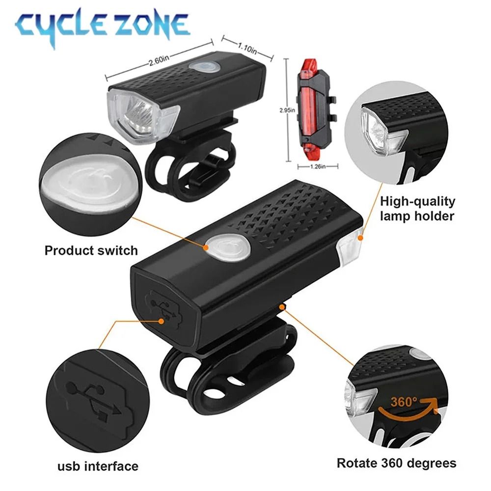 USB Rechargeable Bike Light Set Front and Rear LED Bicycle Headlight and Taillight