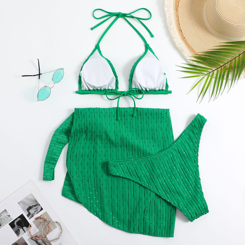 Summer Halter Bikini Women, Sexy Thong Swimwear with Sarong Skirt, White Black Pink Green Beachwear