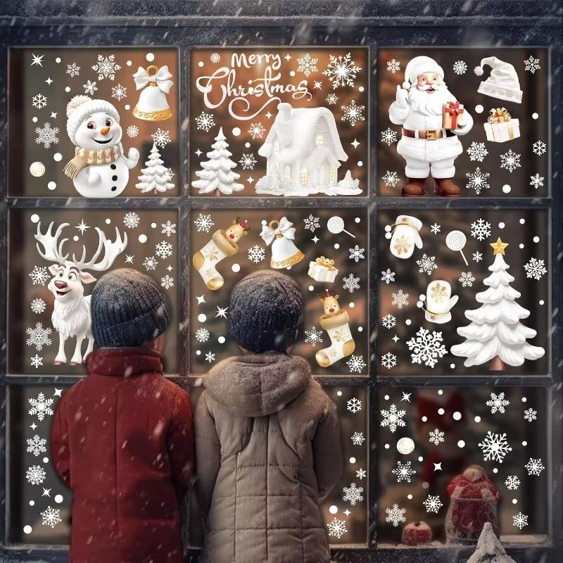 Reusable Christmas window clings snowman & tree white static decals for glass doors
