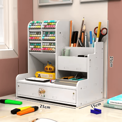 WoodCraft Wooden Desk Organizer Shelf with Mark Pen Holder & Mini Bookshelf