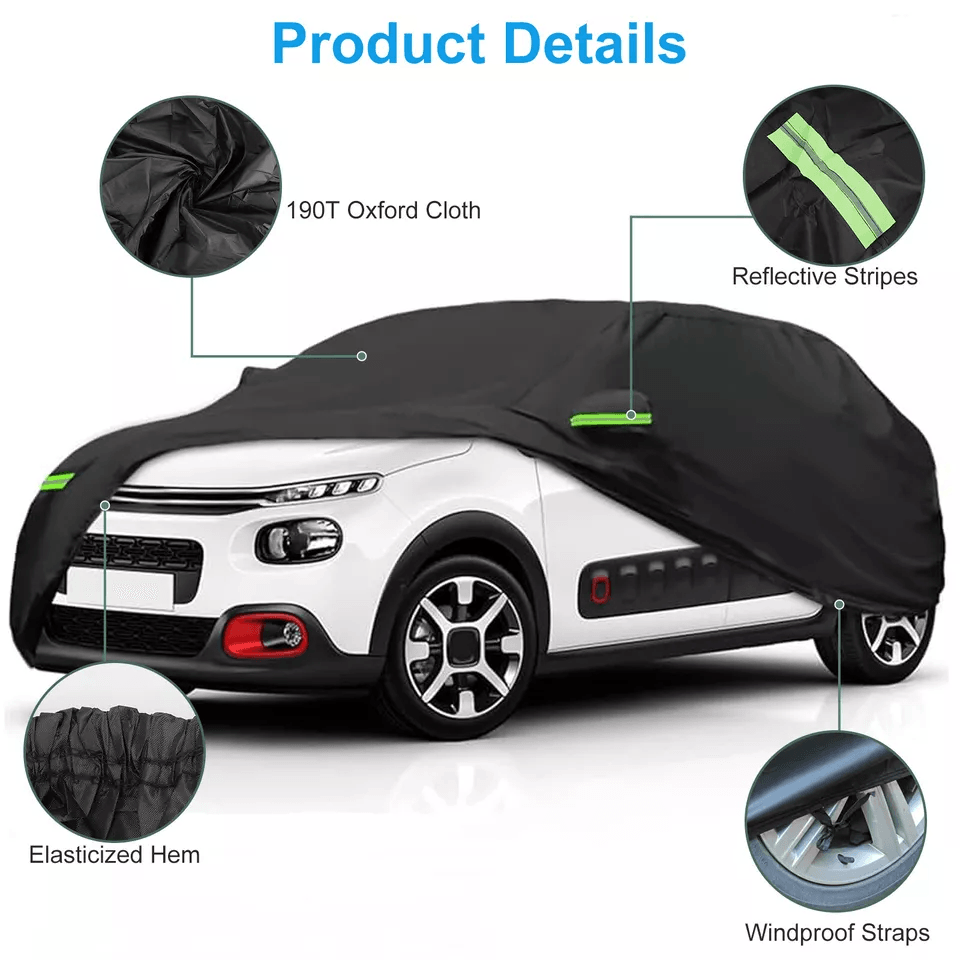 Universal Fit Full Car Cover, Outdoor Waterproof Sun and All Weather Protection with Reflective Strips, Mirror Pockets