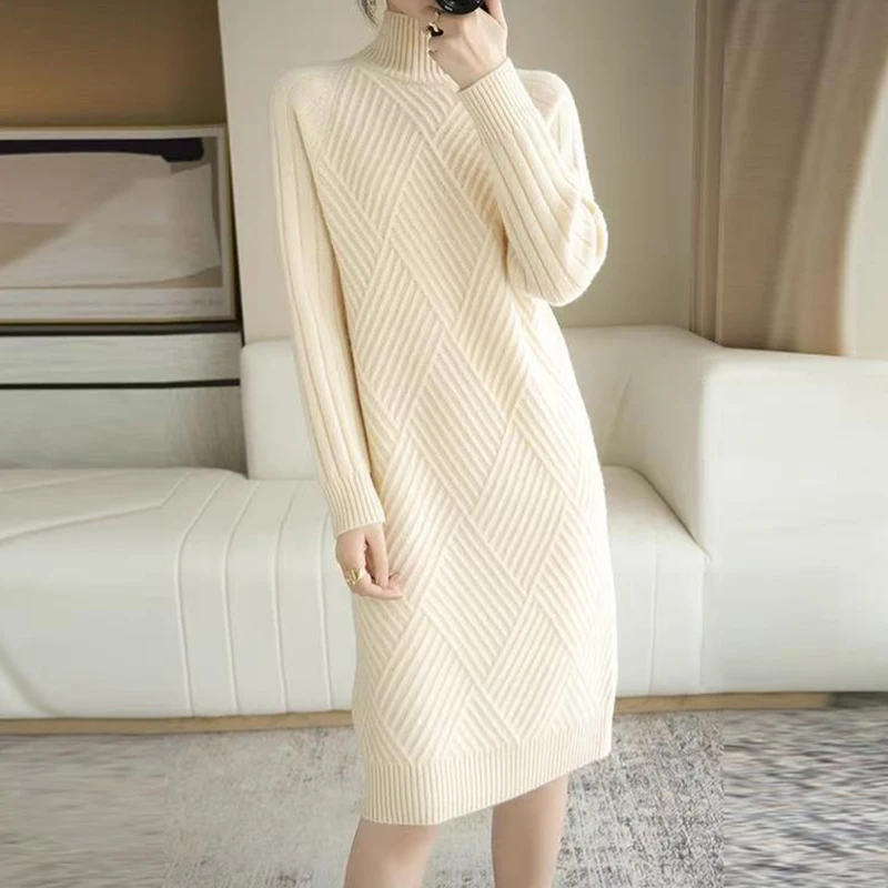 Women Wool Sweater Dress Autumn Winter, Mock Neck Ribbed Solid Knit, Elegant Party Dress for Ladies