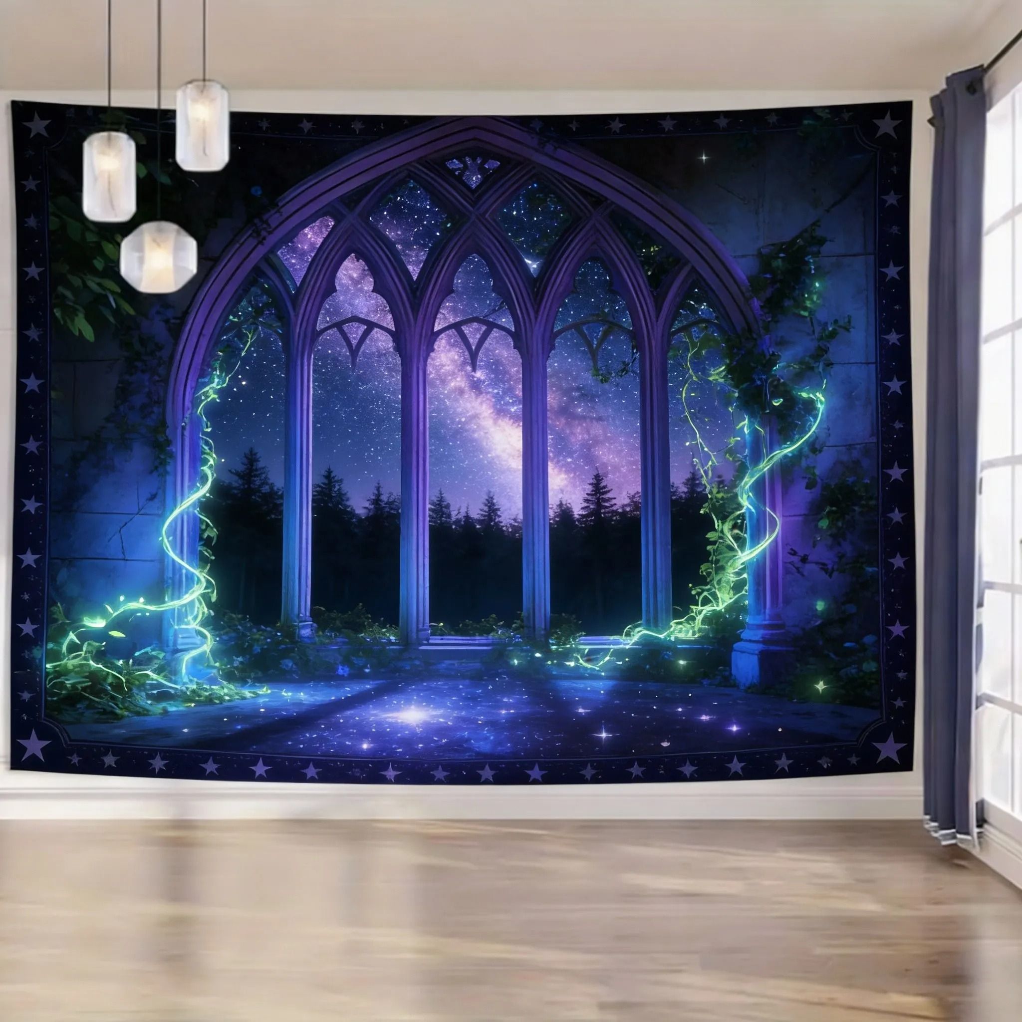 Enchanted Gothic Window Lush Garden Tapestry