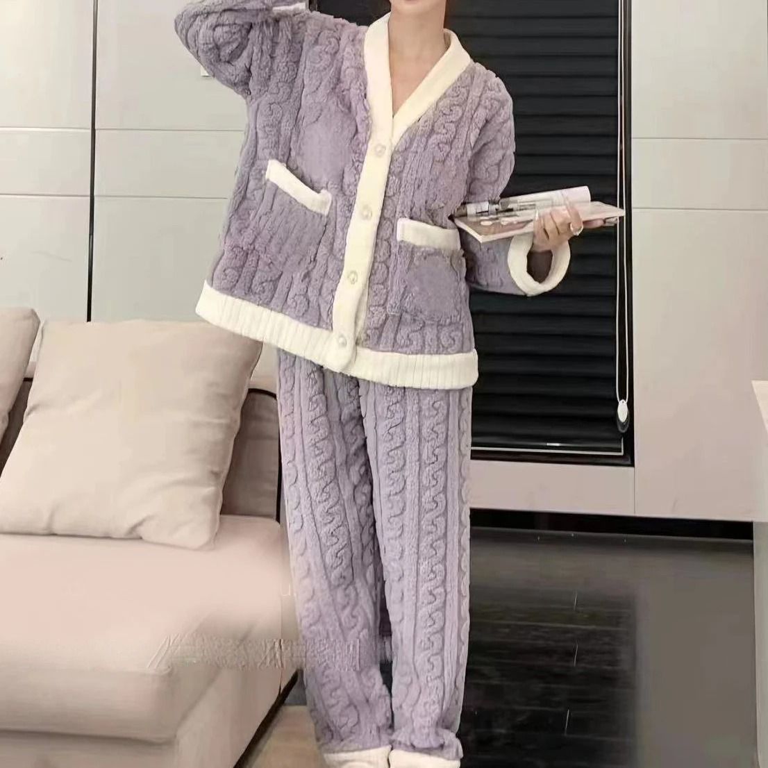Womens Winter Pajama Set Long Sleeve Top And Elastic Waist Pants