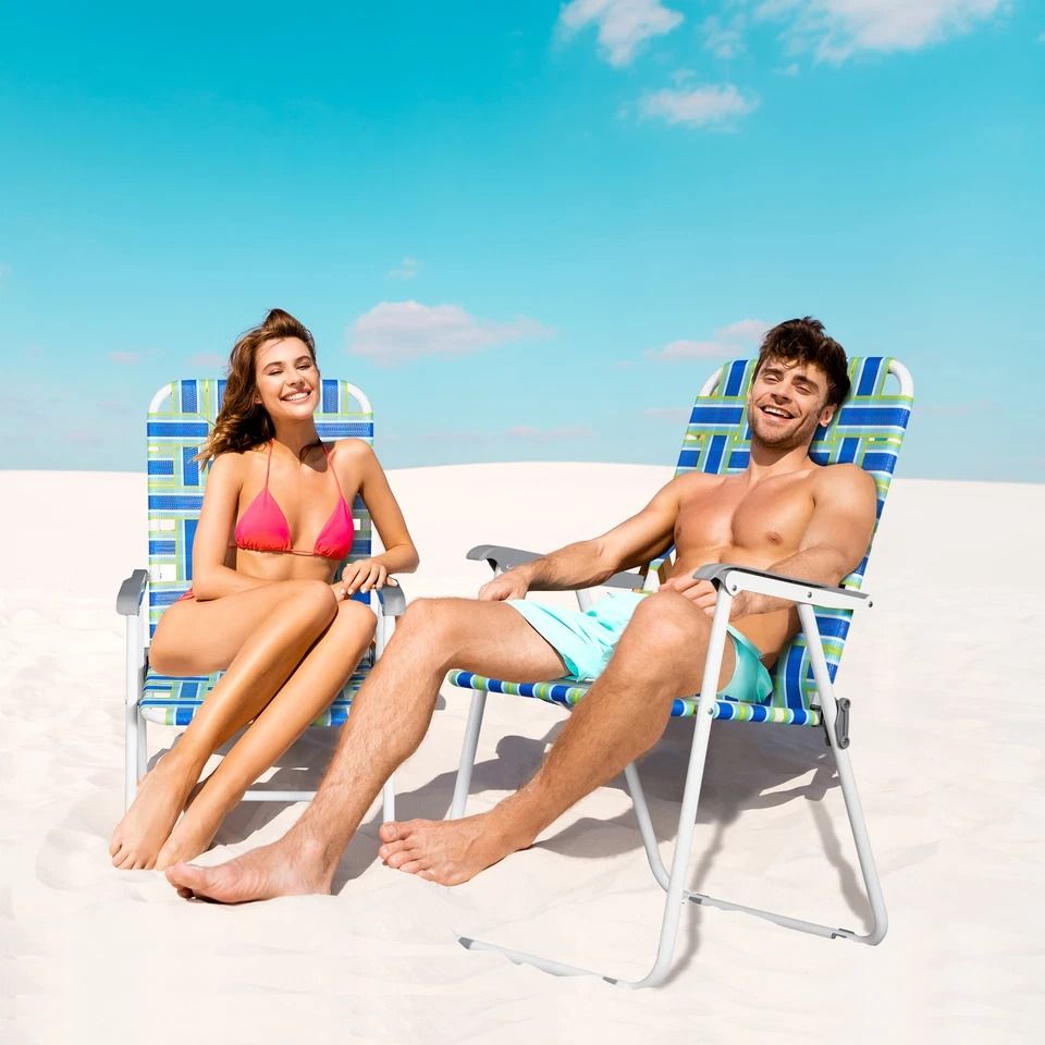 Outdoor Webbed Lawn Chair, Patio Folding Beach Chairs, Steel Frame, Lightweight, Comfortable, Breathable