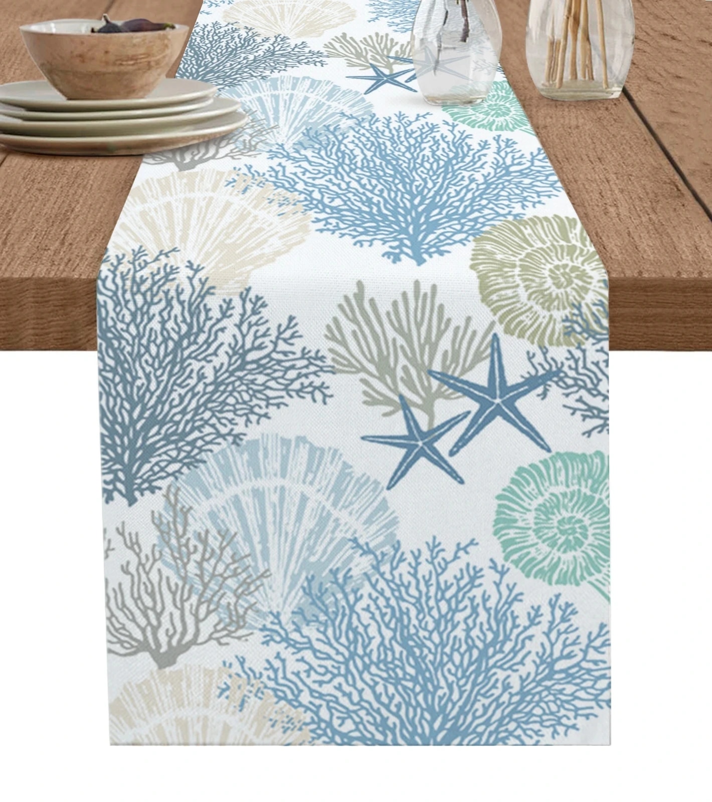 Blue Marine Coral Shells Starfish Linen Table Runner - Wedding & Kitchen Decor