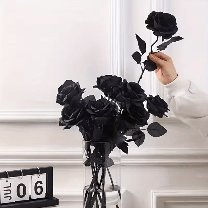 5Pcs Artificial Black Roses – Long Stem Fake Flower Stems for Garden, Office, Home, Wedding & Halloween Party Flower D