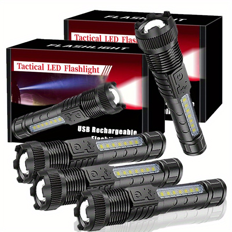 Telescopic Zoom Tactical Flashlight  Rechargeable LED Torch with  Lighting Modes, Waterproof, Long-Range for Camping