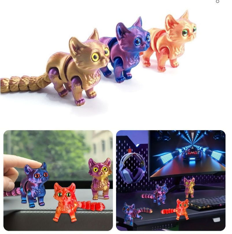 Movable Joint Gradient 3D Printed Cats Desktop Noctilucent Ornament Toy for Kids with Random Color Eyes