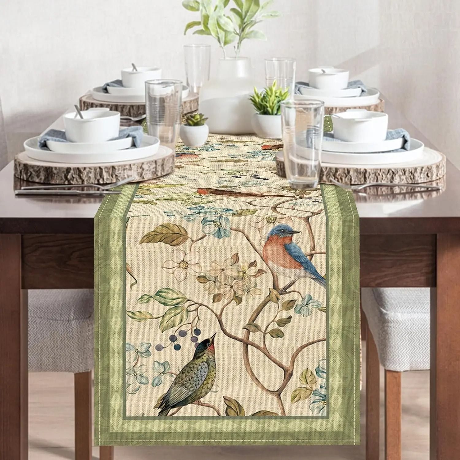 Vintage Flowers & Birds Linen Table Runner | Farmhouse Summer Botanical Dining Decor