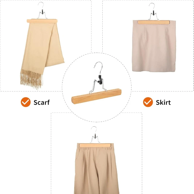Wooden Clothes Hanger with Skirt Clip Pants Clip for Natural Long Pants