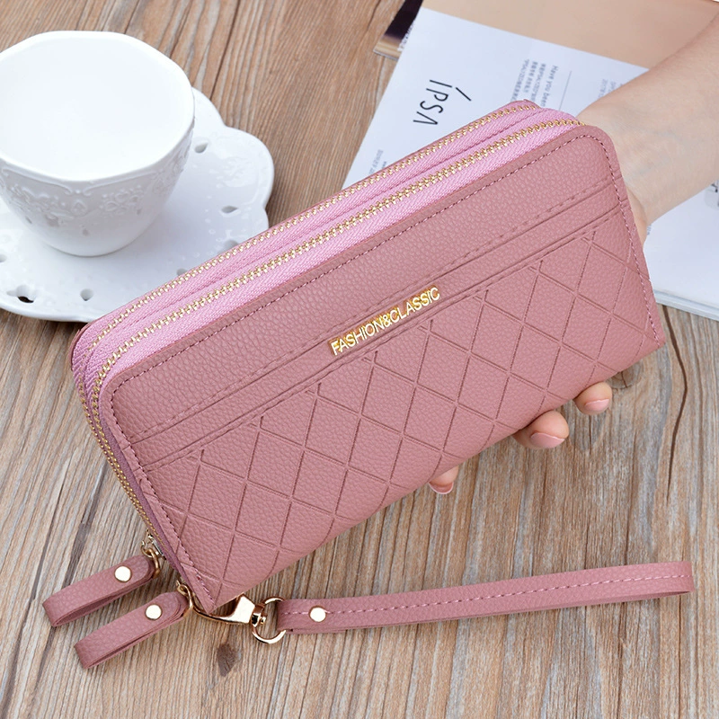 Womens PU Leather Double Zipper Wallet Clutch Large Capacity Wristlet Phone Purse & Card Holder with Money Clip