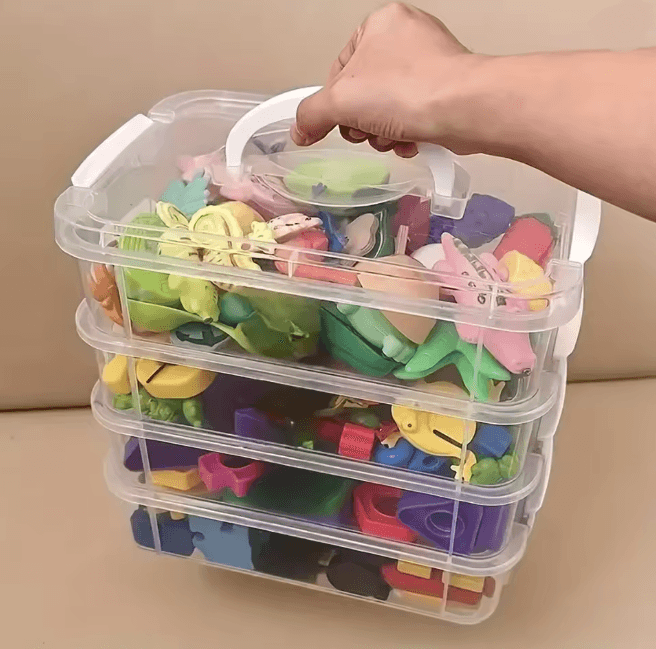 Transparent Stackable Storage Box with Grid Drawers for Building Blocks and Tools