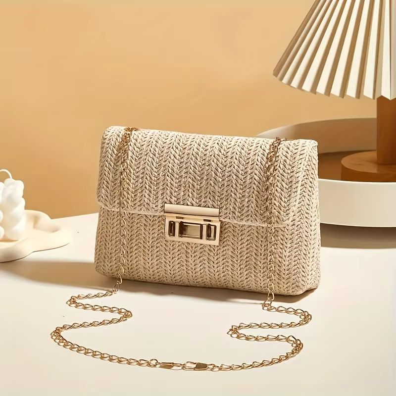Woven Straw Shoulder Bag Small Crossbody Handbag with Polyester Lining