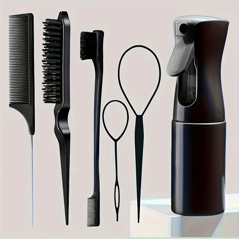 Premium Hair Styling Set: Teasing Brush, Edge Control Brush, Rat Tail Comb, and Spray Bottle for Hairdressing