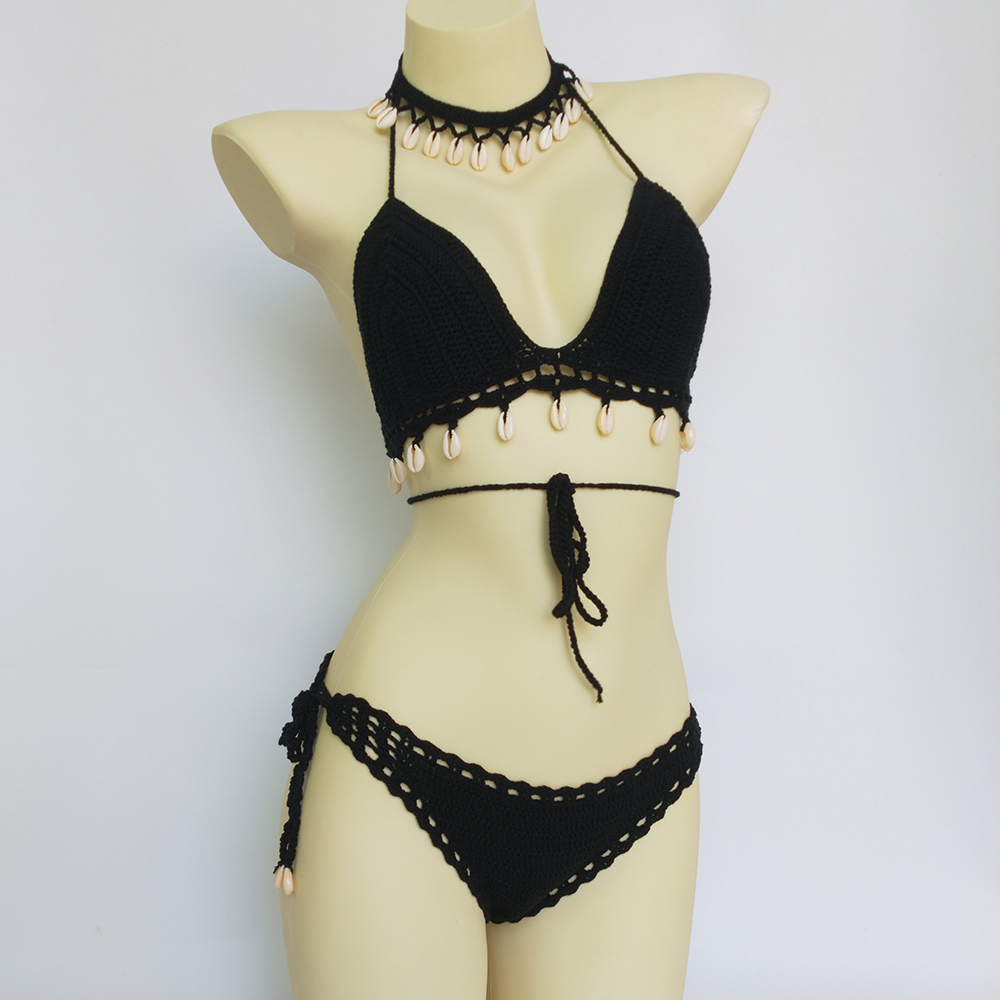 Sexy Bikini Set Woman Crochet Shell Tassel Bikini Top, Seashell Ankle Chain, Low Waist Hollow-out Thong Bottom