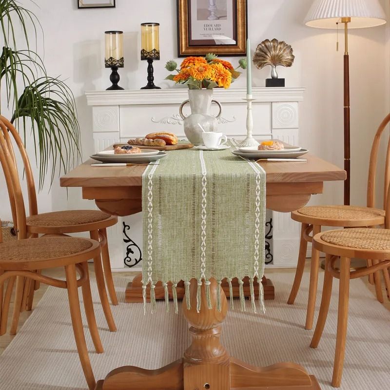 Green Boho Table Runner with Tassels Farmhouse Cotton Linen Dining Decor