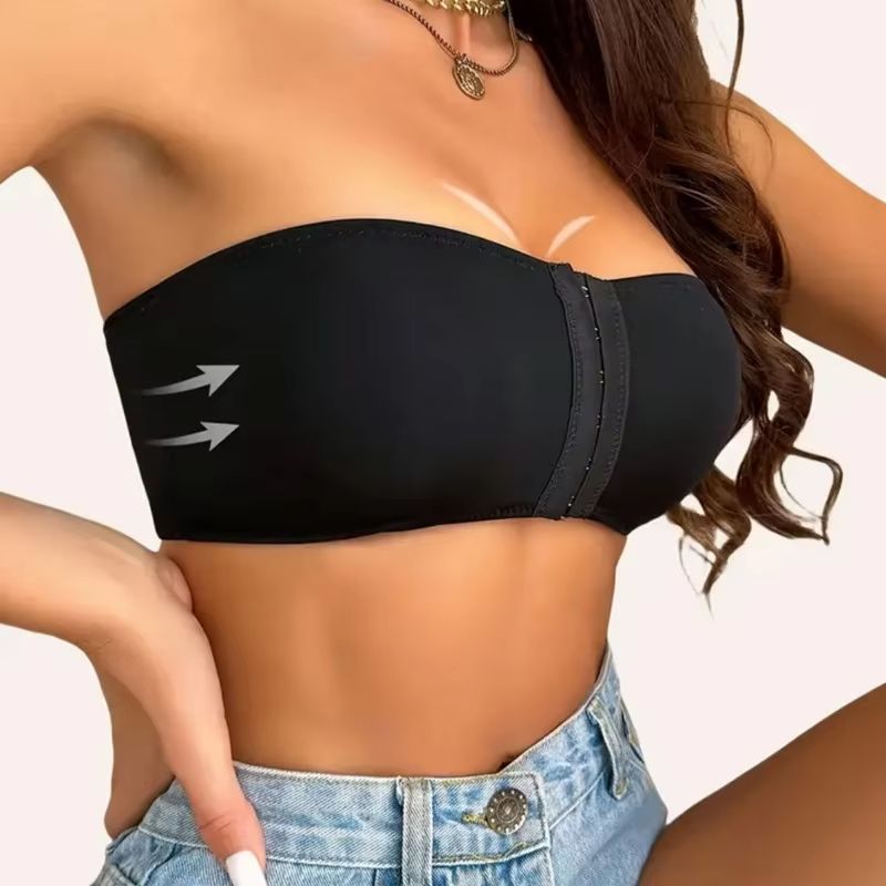 Women's Black Front-Buckle Wireless Strapless Ice Silk Bra with Removable Padding