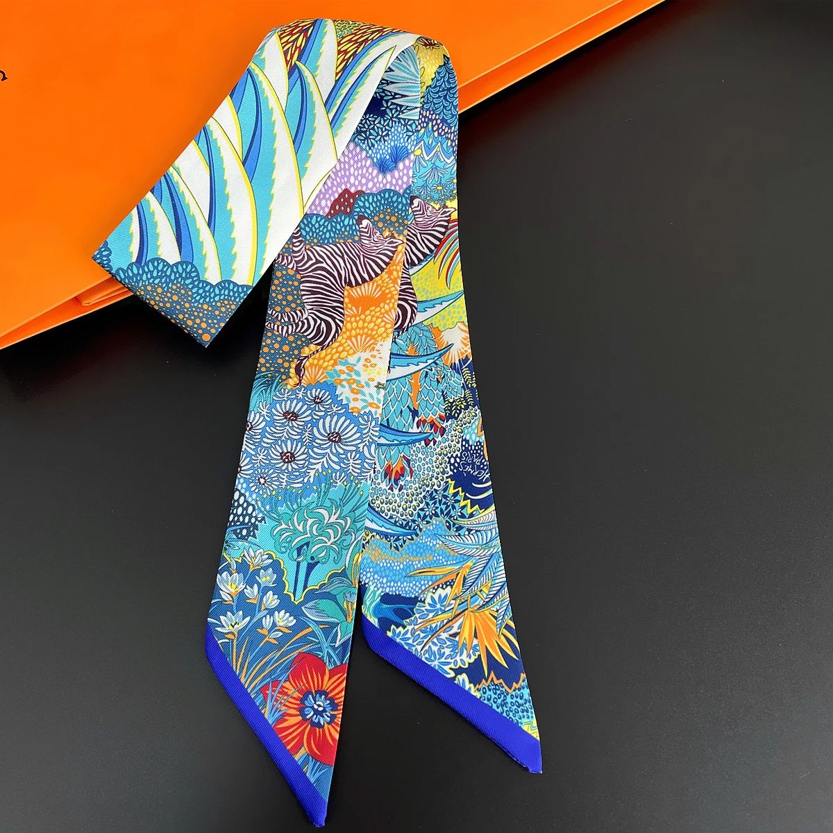 Luxury Zebra Floral Silk Skinny Scarf – Designer Women's Hair Ribbon, Neckerchief & Bag Twilly