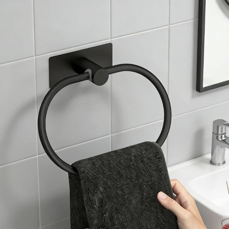 No-Drill Black stainless steel towel holder, Self-Adhesive Towel Ring & Bar for Bathroom and Kitchen