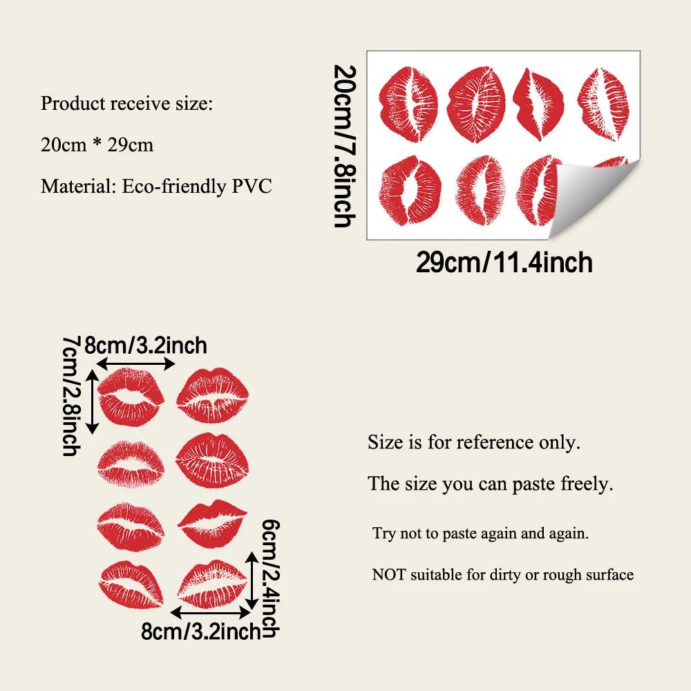 Red Lip Print Wall Sticker Bold Self Adhesive Wall Decor for Bedroom Bathroom Living Room
