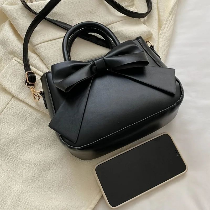 EleganceBow PU Leather Crossbody Handbag | Women's Chic Shoulder Bag with Gold Hardware & Detachable Strap