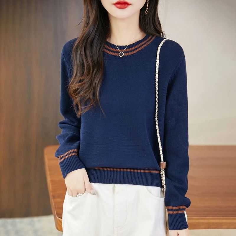 Autumn Winter Women Pure Cotton Knitted O-Neck Pullover Sweater