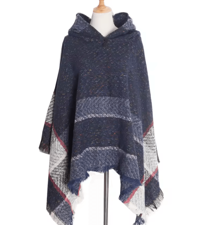 Hooded Fishbone Pattern Women Cape Poncho Autumn Winter Pullover Women Hooded Cloak