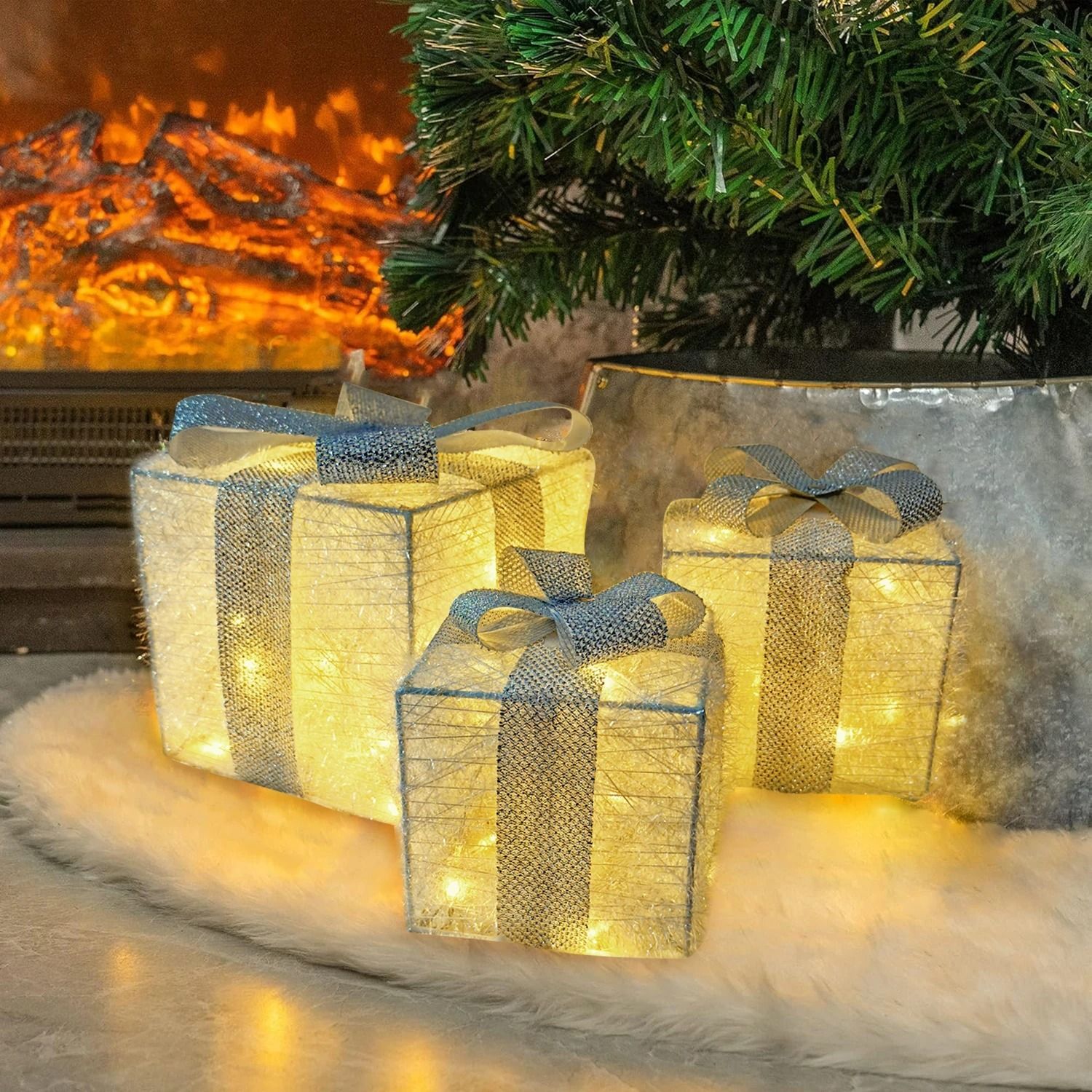 Set of 3 Christmas Lighted Gift Box Set LED Holiday Decoration for Home and Yard