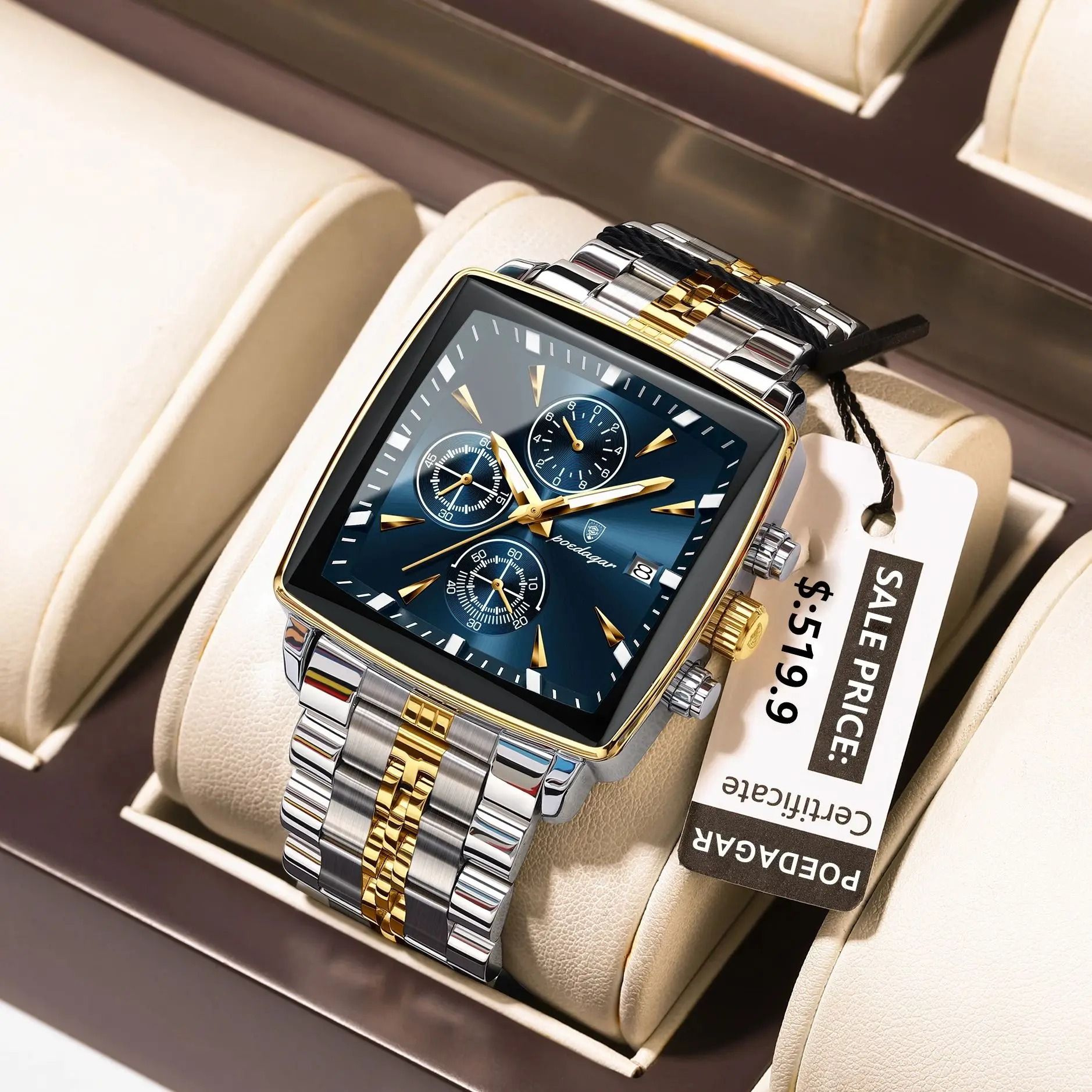 Poedagar Luminous Waterproof Chronograph Quartz Watch for Men Square Stainless Steel