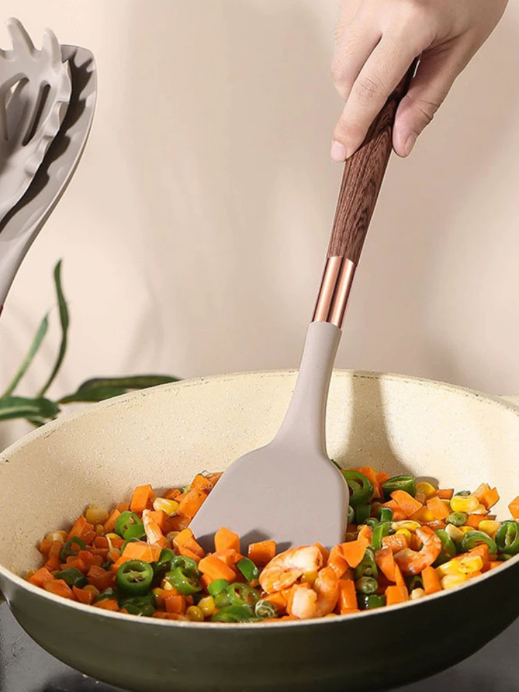 Premium Silicone Kitchen Utensils Set with Gold-plated Wood Grain Handles - Spatula, Spoons, Cooking Tools