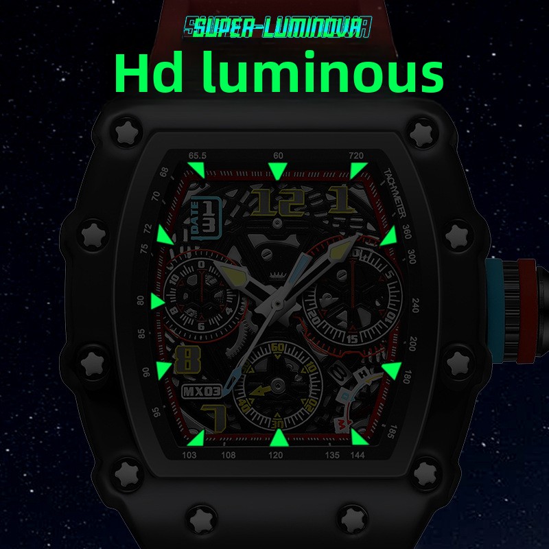 Richard Luminous Calendar, Barrel Hollow Mechanical Watch, Luxury Waterproof Watches for Men
