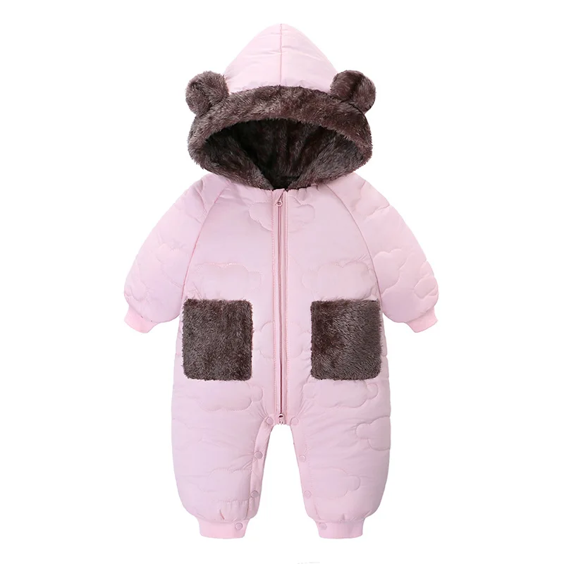 New Style Newborn Baby Boys Girls Fleece Lined Warm Jumpsuit, Hooded Bear Ear Winter Romper Snowsuit Infant Outerwear