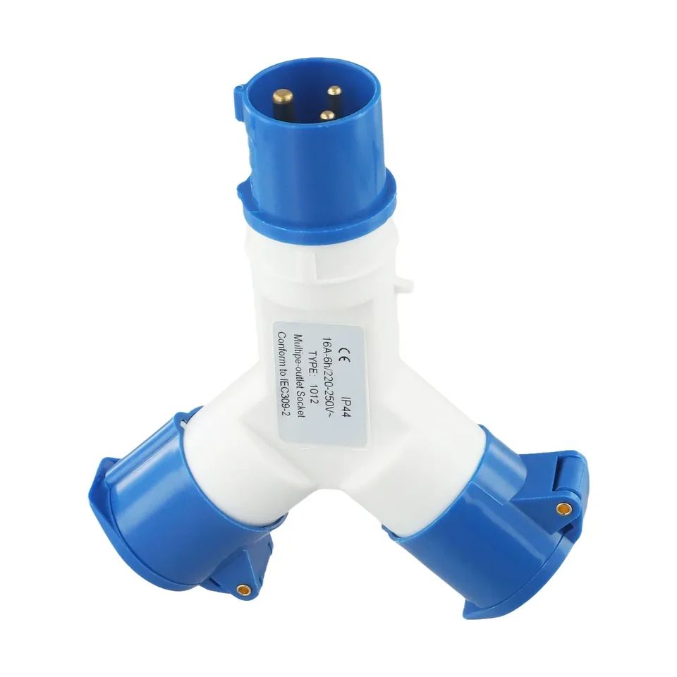 220V Industrial 2-Way Power Splitter Plug, IP44 Waterproof 3-Pin Field Plug to Dual Socket Adapter 16A/32A