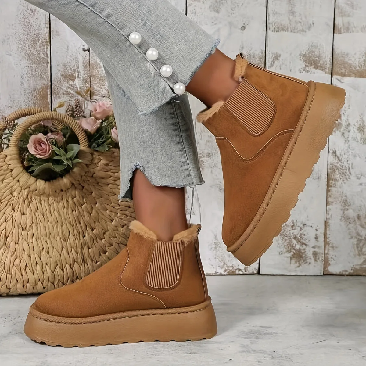 New Suede Fur Winter Women Short Plush Snow Boots Chelsea Ankle Boots Casual Shoes Flats Platform Ladies Shoes