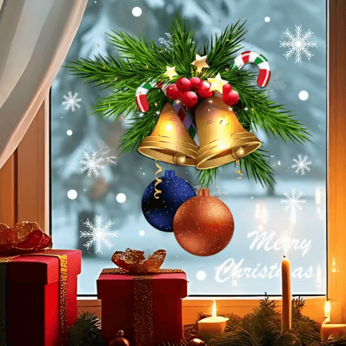 Reusable Christmas Window Stickers – Static Cling Golden Bells, Red Berries & Snowflakes (1pc / 2pcs)