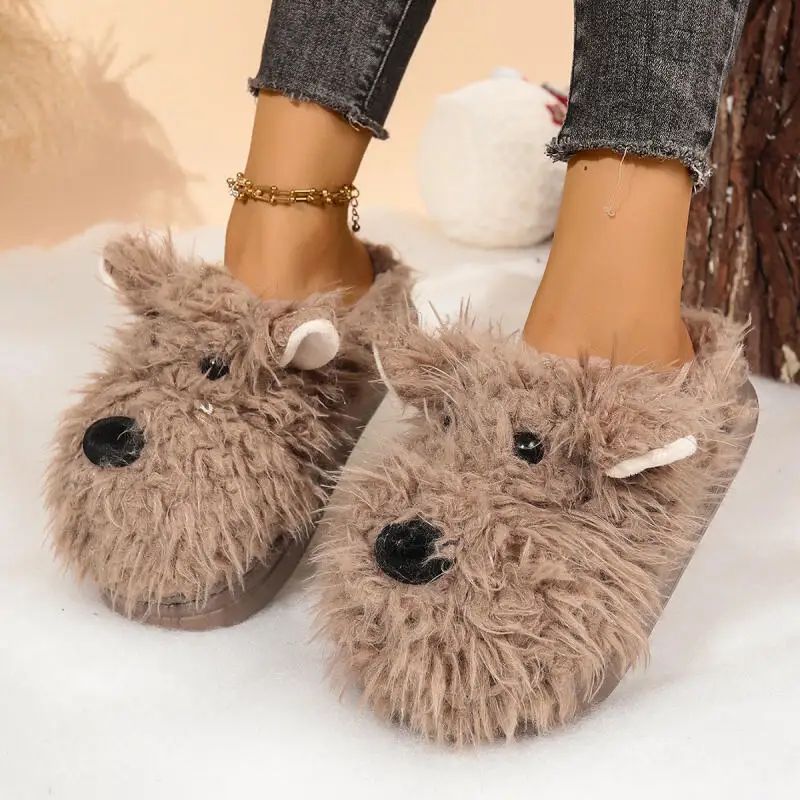 Cartoon Puppy Fluffy Fur Winter Slippers – Women's Warm Plush Thick Sole Indoor Mules