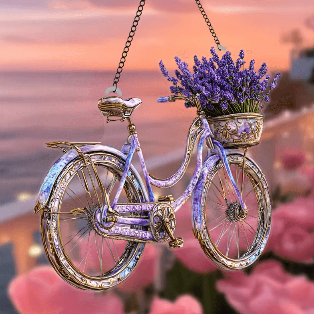 Lavender Bicycle Crystal Suncatcher – Floral Window Light Catcher Decor
