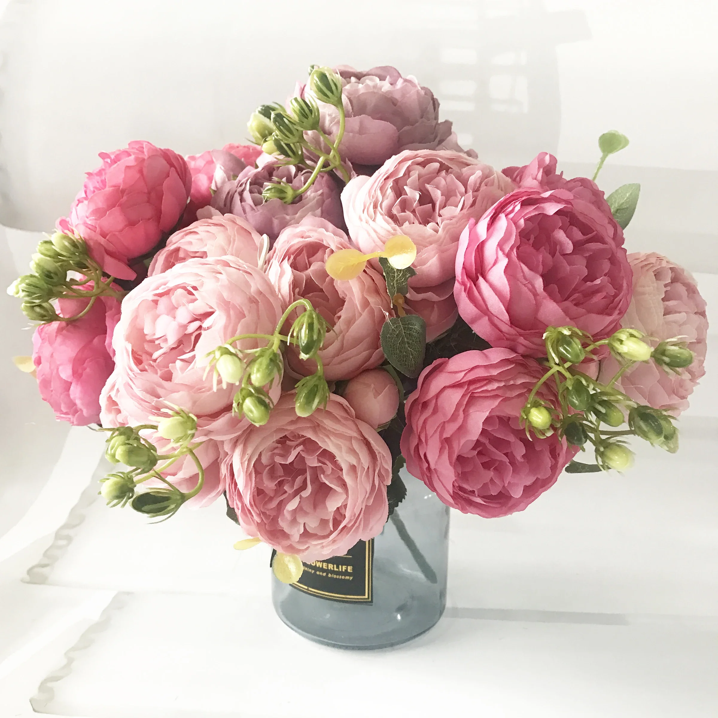 Rose Silk Peony Artificial Flower Bouquet Large Heads & Buds Elegant Fake Flowers for Home & Wedding Decor