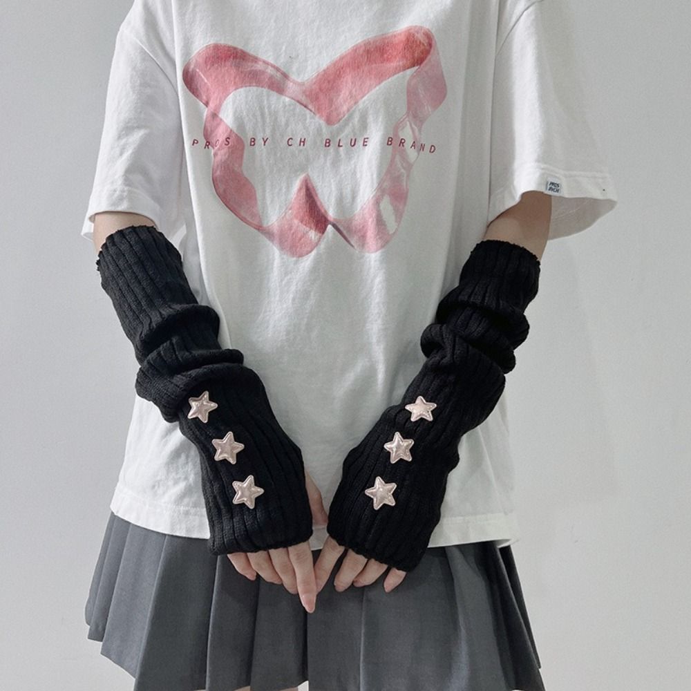 Fingerless Long Wrist Gloves & Arm Warmers, Knitted False Sleeves Cover in Black/White for Men & Women