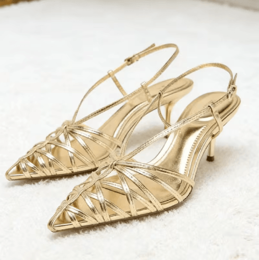 Luxury Gold Pointed Toe Slingback Heels Thin Strap High Heel Summer Sandals