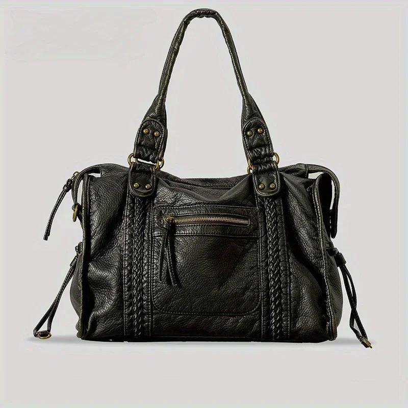 Braided Trim Leather Tote Bag for Women Work Tote with Front Zipper Pocket and Gold Rivet Design