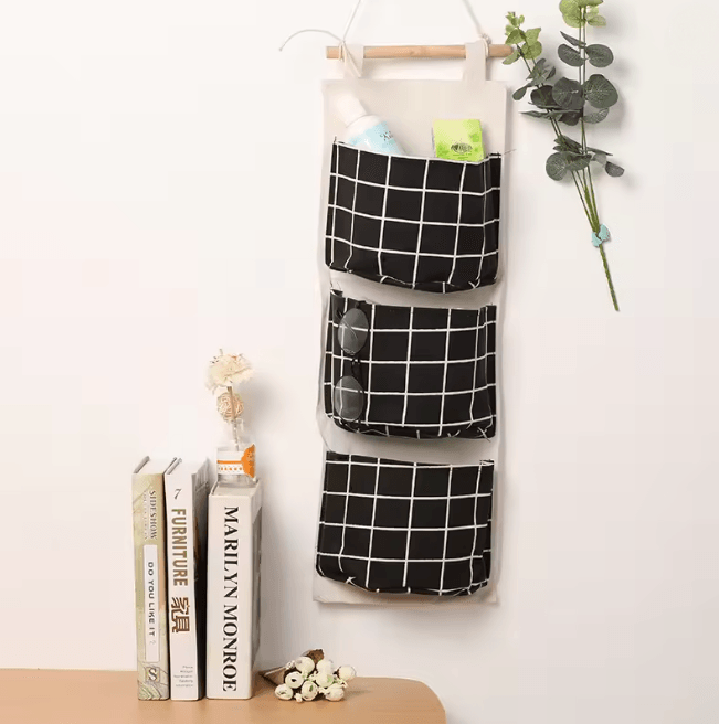 Three Pocket Hanging Wall Storage Organizer Cotton Linen Bag